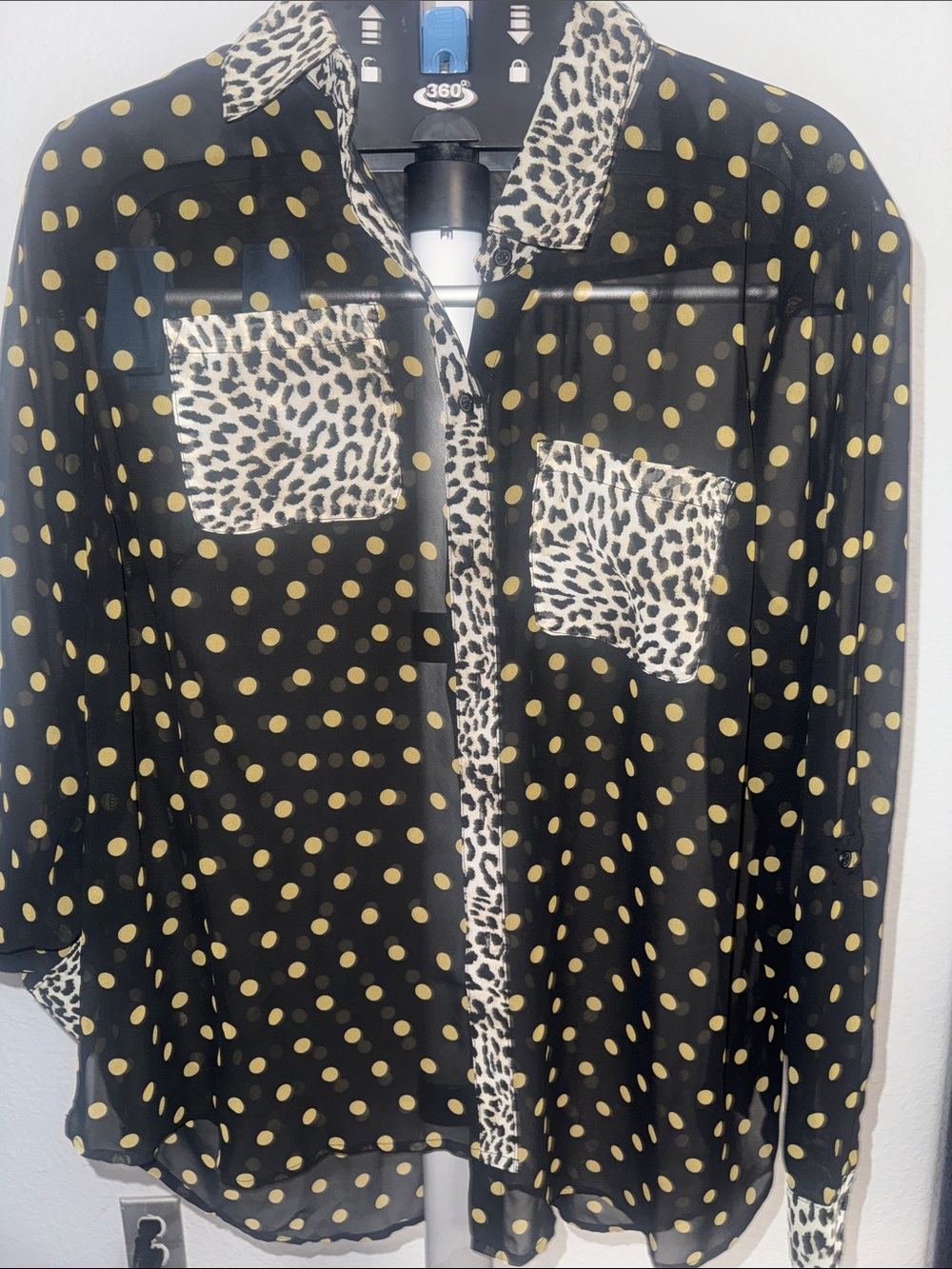 INC International Concepts Black Blouse with Gold Polka Dots & Leopard Trim